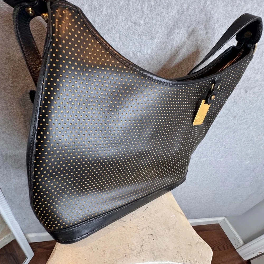 Dooney & Bourke Hobo‎ Bag Black Leather Polkadot 11 inch Made in USA Duck Logo